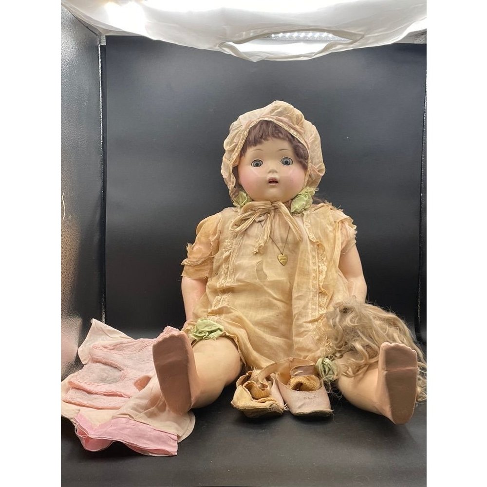 1920's Effanbee Composite Lace Dress & Bonnet Changeable Hair Doll Length 30 In.
